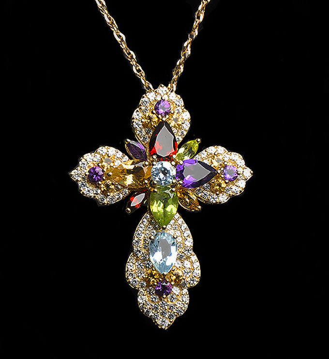 Multiple Gem Cross Pendant Necklace-Natural Garnet-Amethyst-peridot