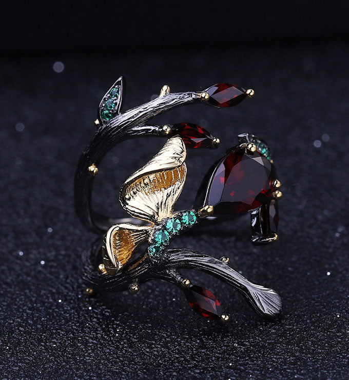 Pastoral Ring-Natural Red Garnet-Blue Topaz-Amethyst