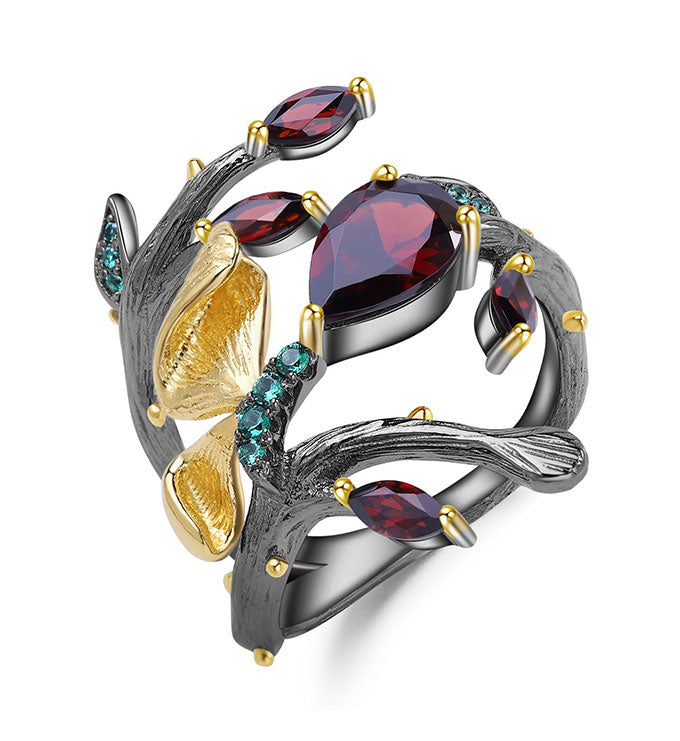 Pastoral Ring-Natural Red Garnet-Blue Topaz-Amethyst