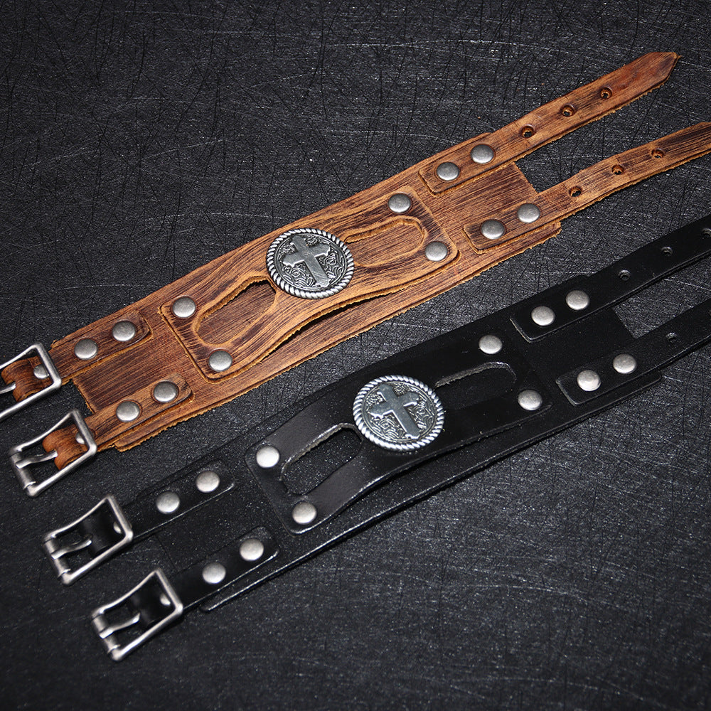 Leather hip hop bracelet cross