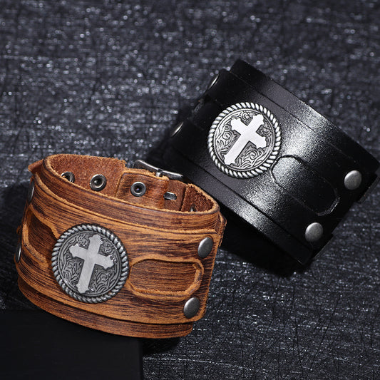 Leather hip hop bracelet cross