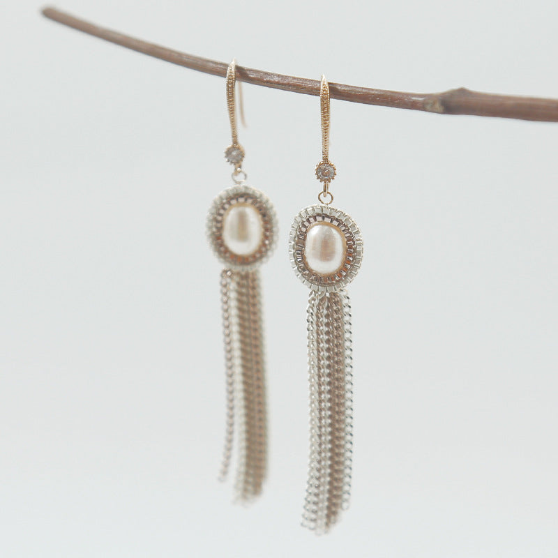 Pearl zircon tassel earrings