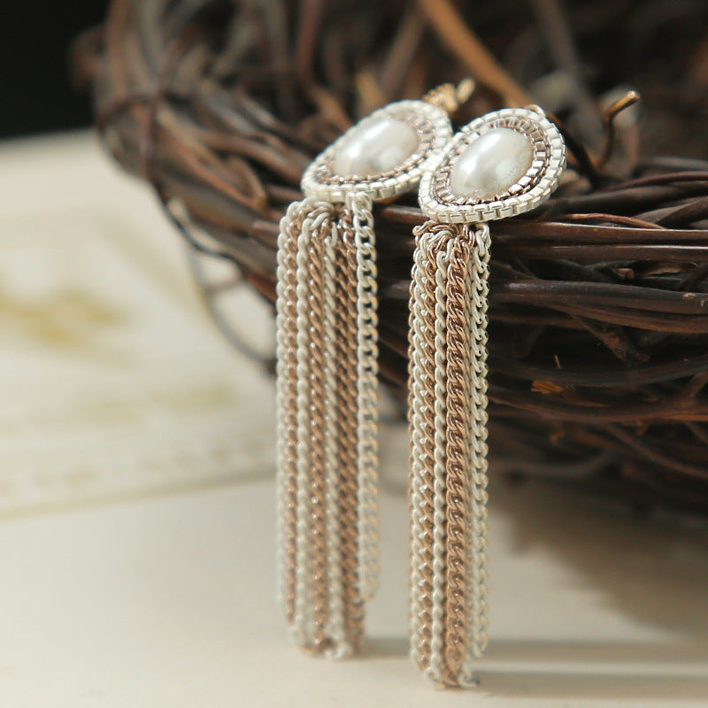 Pearl zircon tassel earrings