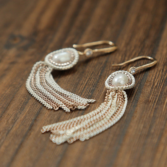 Pearl zircon tassel earrings