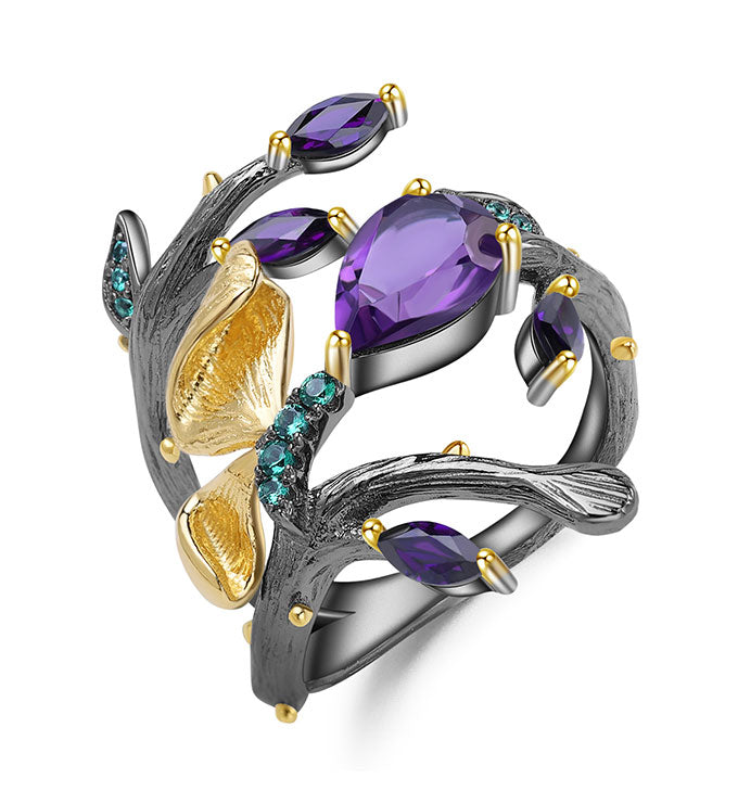 Pastoral Ring-Natural Red Garnet-Blue Topaz-Amethyst