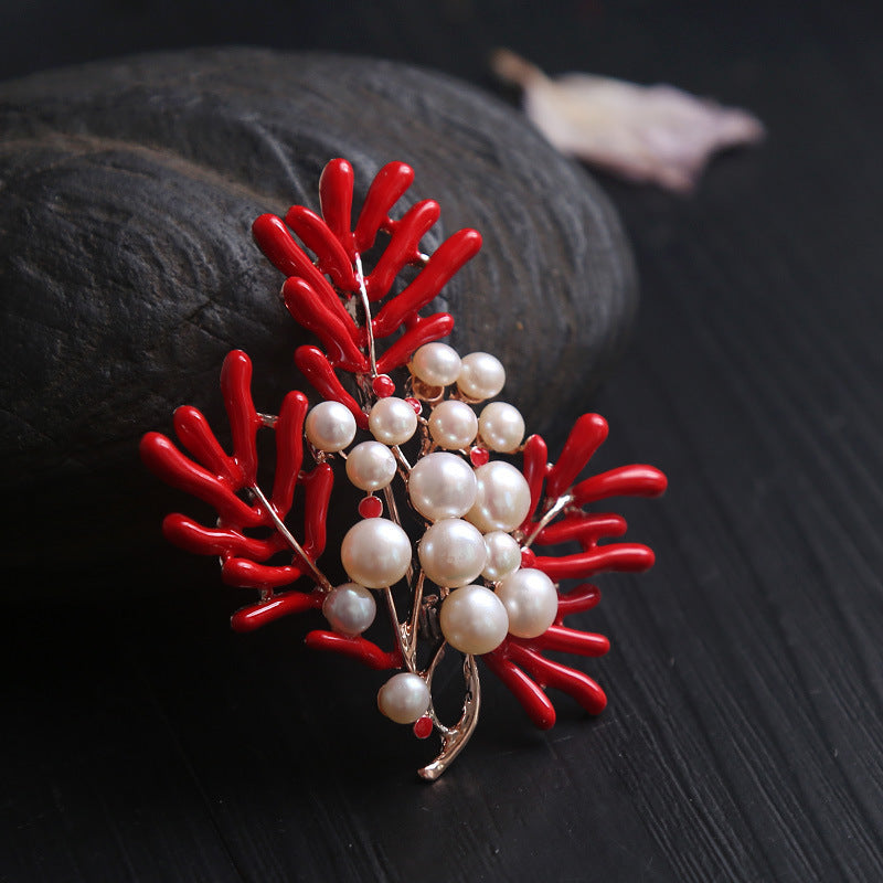 Natural sea bamboo red coral brooch