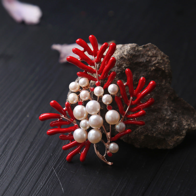 Natural sea bamboo red coral brooch