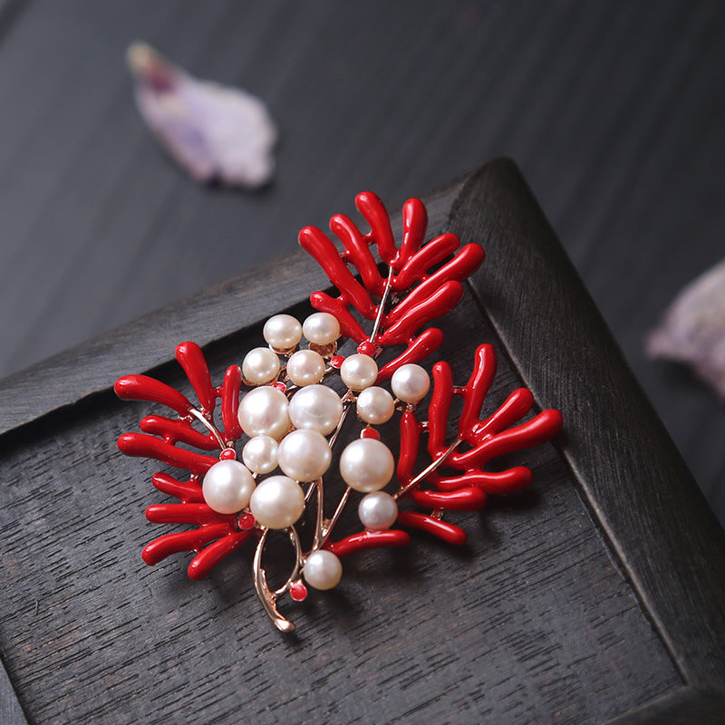 Natural sea bamboo red coral brooch