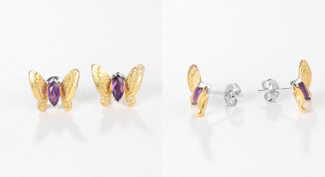 Butterfly Ear Studs-Natural Blue Topaz-Amethyst