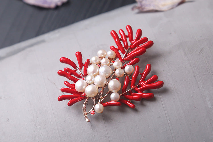 Natural sea bamboo red coral brooch