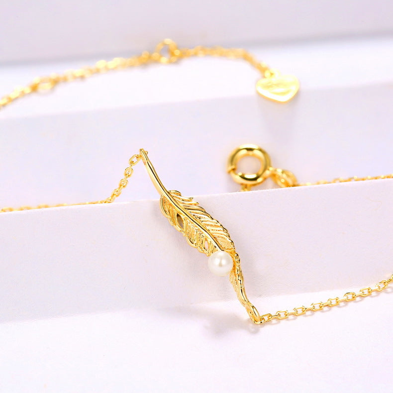 Gold-plated feather leaf pearl bracelet