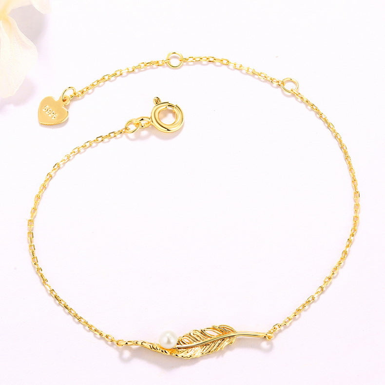 Gold-plated feather leaf pearl bracelet