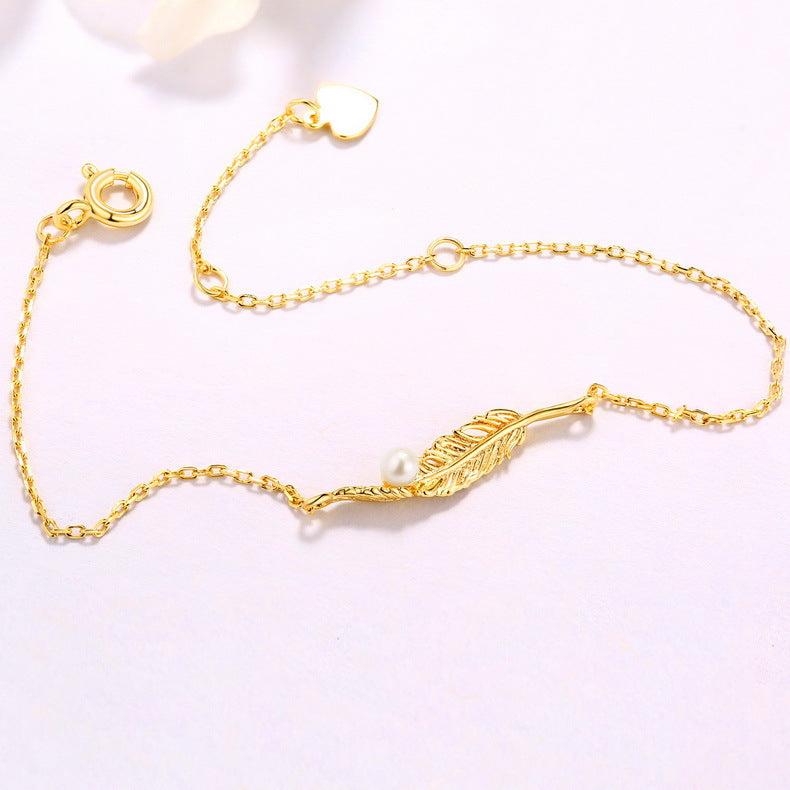 Gold-plated feather leaf pearl bracelet