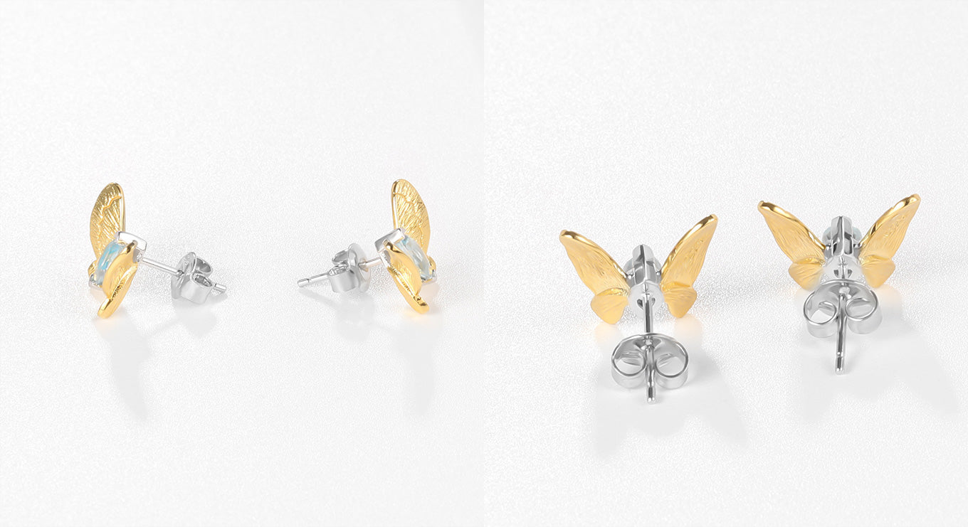 Butterfly Ear Studs-Natural Blue Topaz-Amethyst