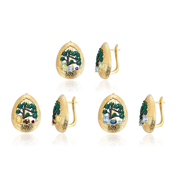 Pine Ear Studs-Natural Blue Topaz-Citrine-Peridot