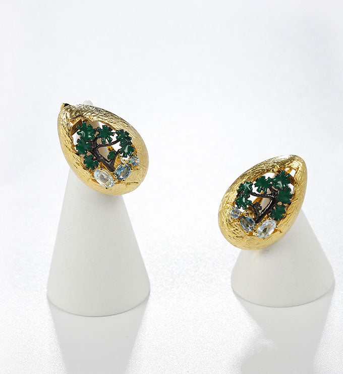 Pine Ear Studs-Natural Blue Topaz-Citrine-Peridot