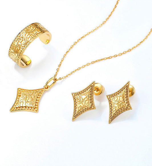 Classic Leaf Pattern Ring-Earrings-Pendant Set