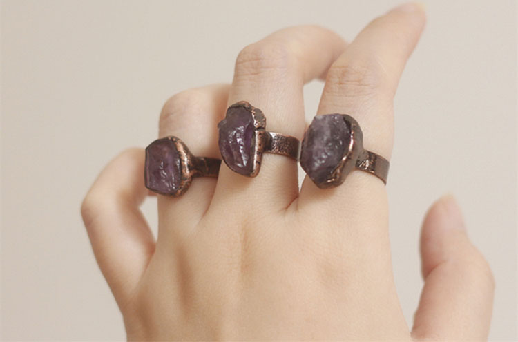 Handmade natural amethyst white crystal agate ring