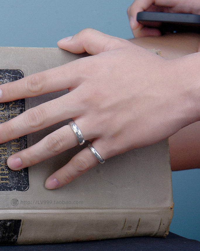 Curved Hammer Sterling Silver Couple Ring