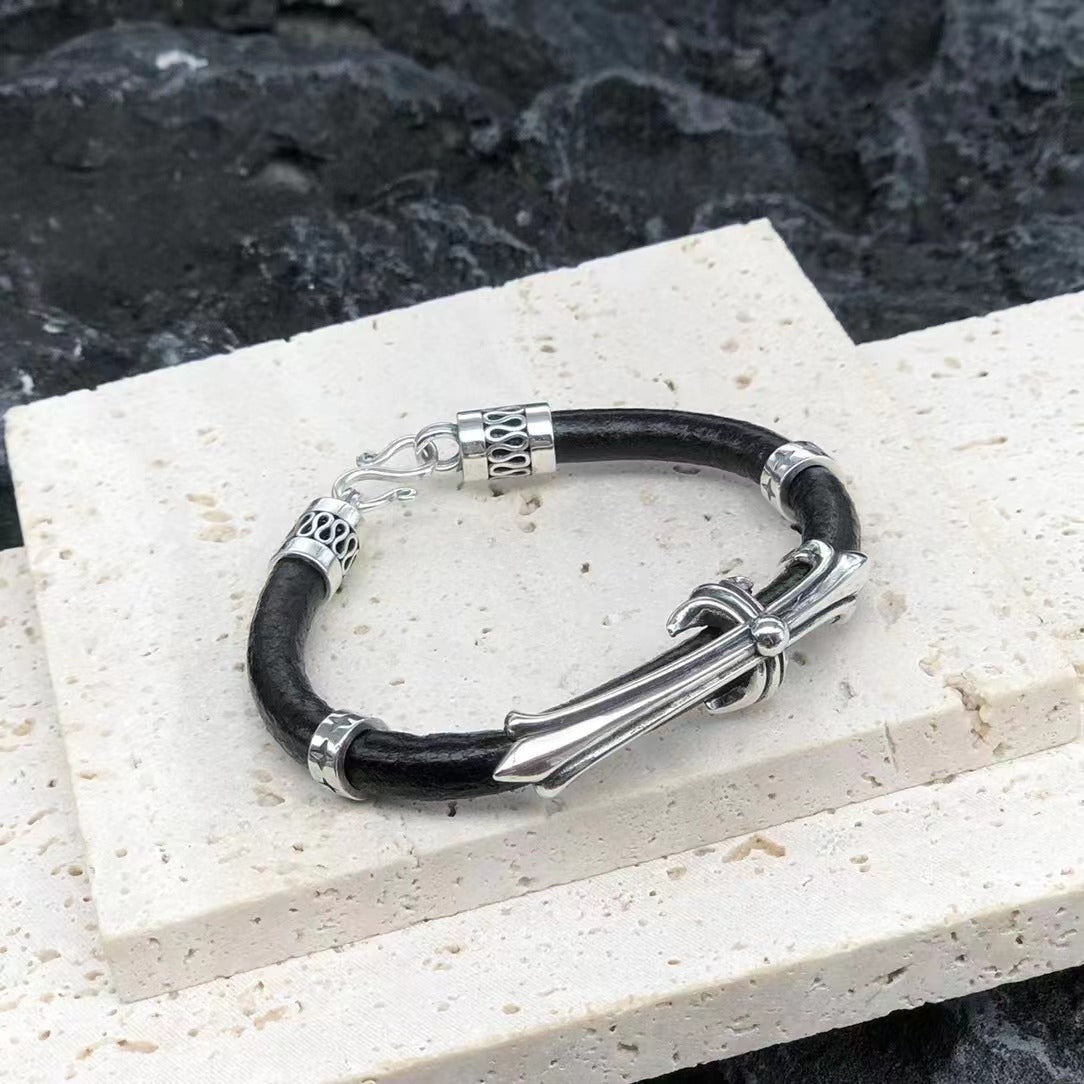 Sterling silver cross black cowleather bracelet