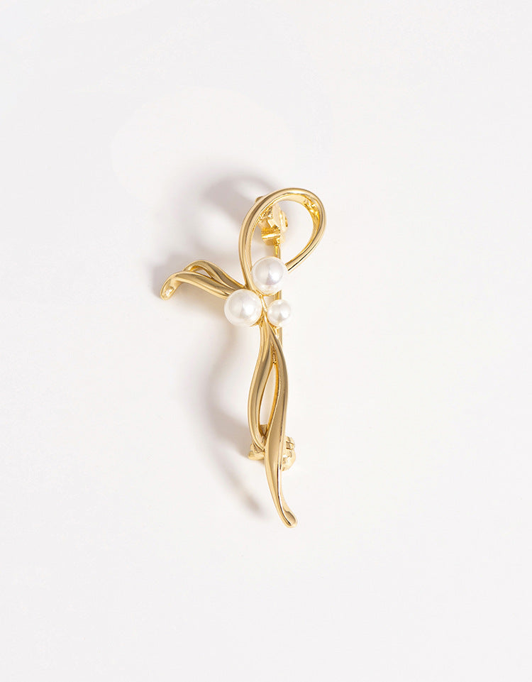 Gold-plated bow pearl brooch