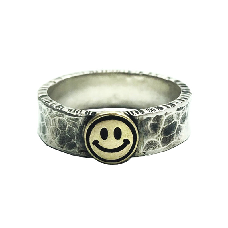 Smiling face hammered ring sterling silver