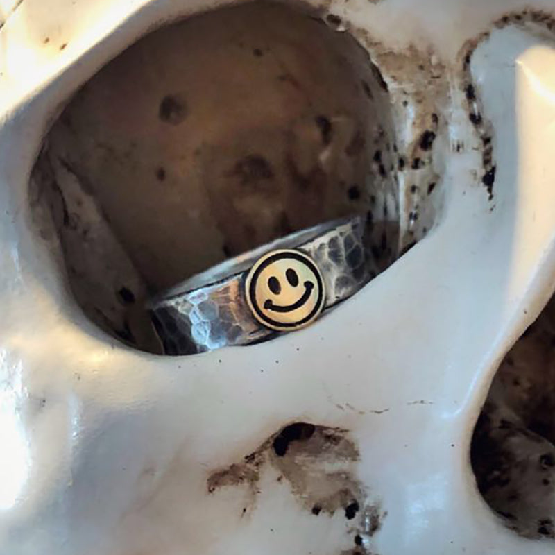 Smiling face hammered ring sterling silver