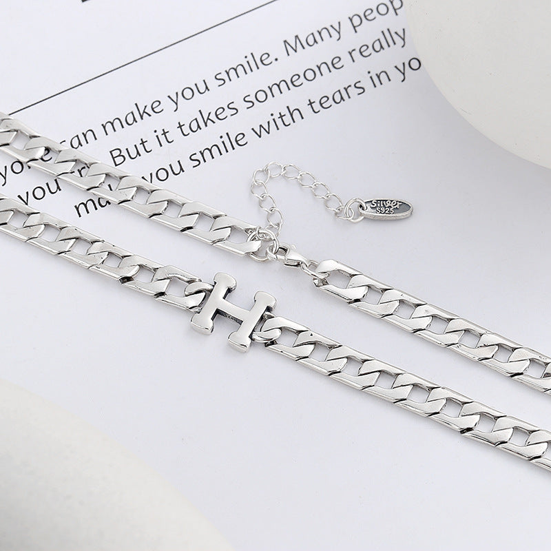 Silver plated H-letter thick chain hip-hop street style necklace