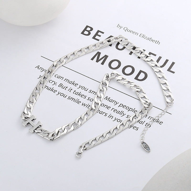 Silver plated H-letter thick chain hip-hop street style necklace