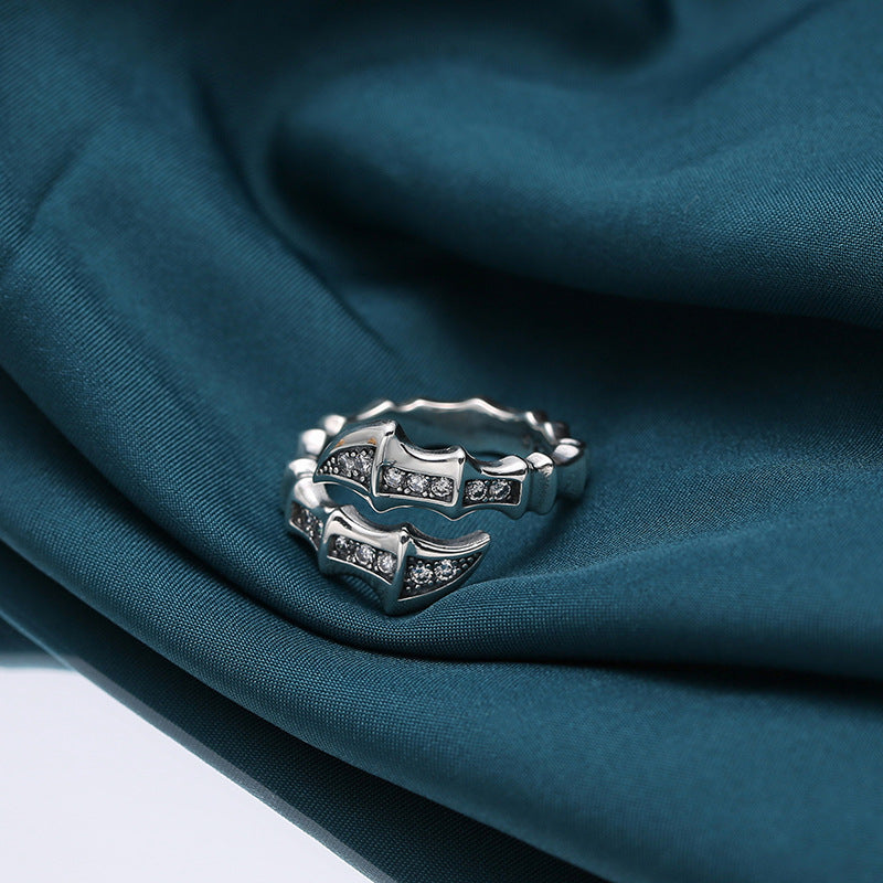 Silver plated snake bone ring inlaid with zircon