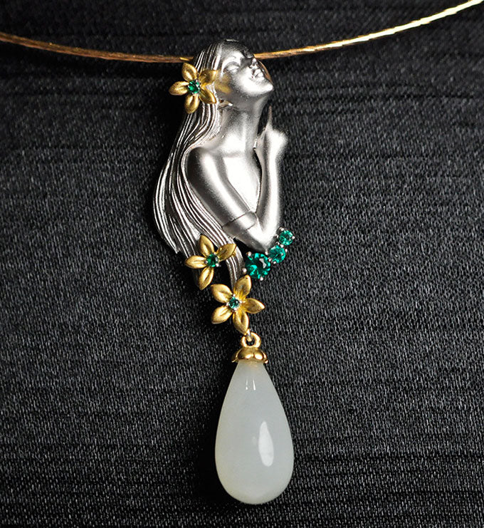 Angel beauty necklace pendant-Silver-Hotan Jade