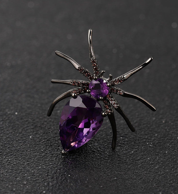 Spider brooch Natural Amethyst-Smoky Quartz-Garnet