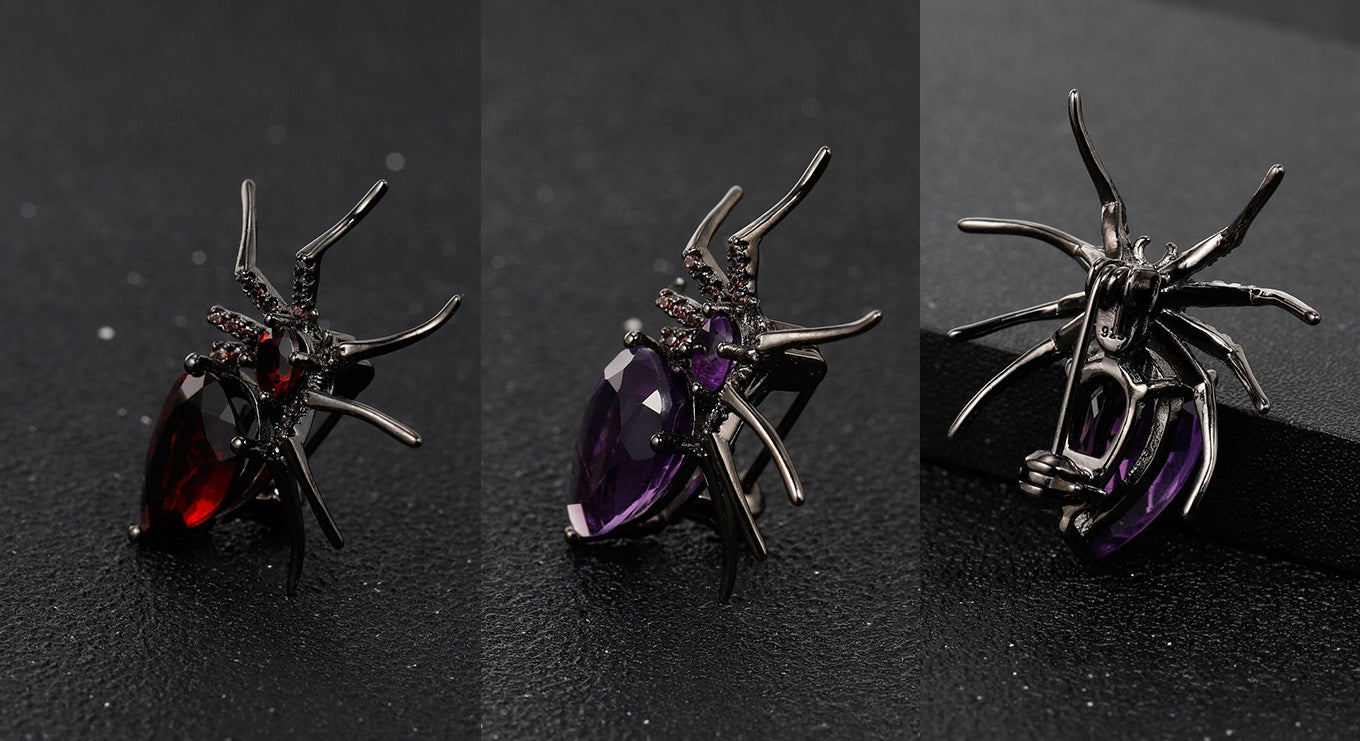 Spider brooch Natural Amethyst-Smoky Quartz-Garnet