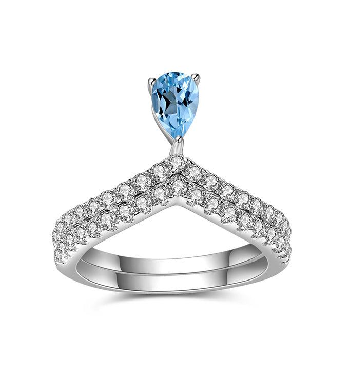 Classic Double Ring-Natural Red Garnet-Blue Topaz-Cubic Zirconia