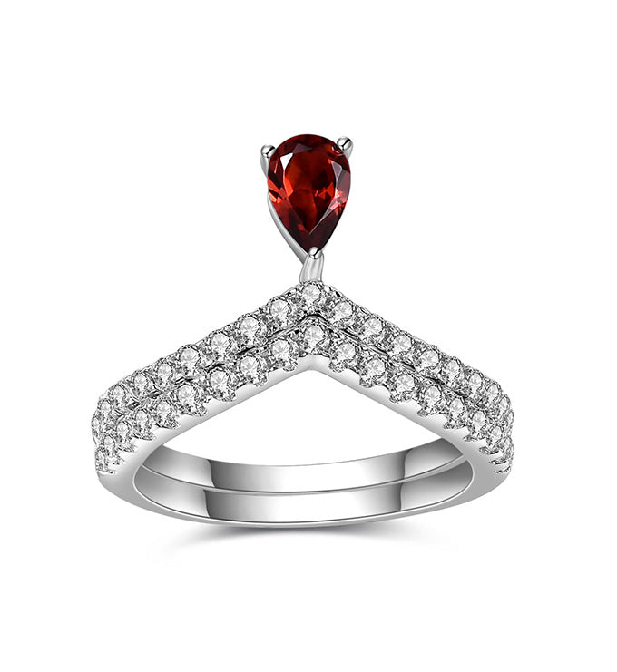 Classic Double Ring-Natural Red Garnet-Blue Topaz-Cubic Zirconia