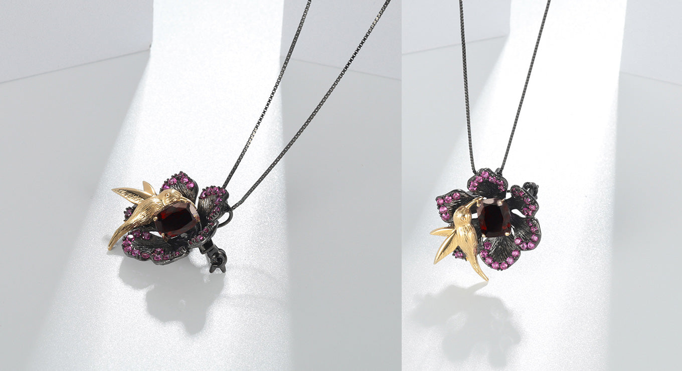 Flower Hummingbird Brooch and Pendant Necklace-Natural Amethyst-Garnet