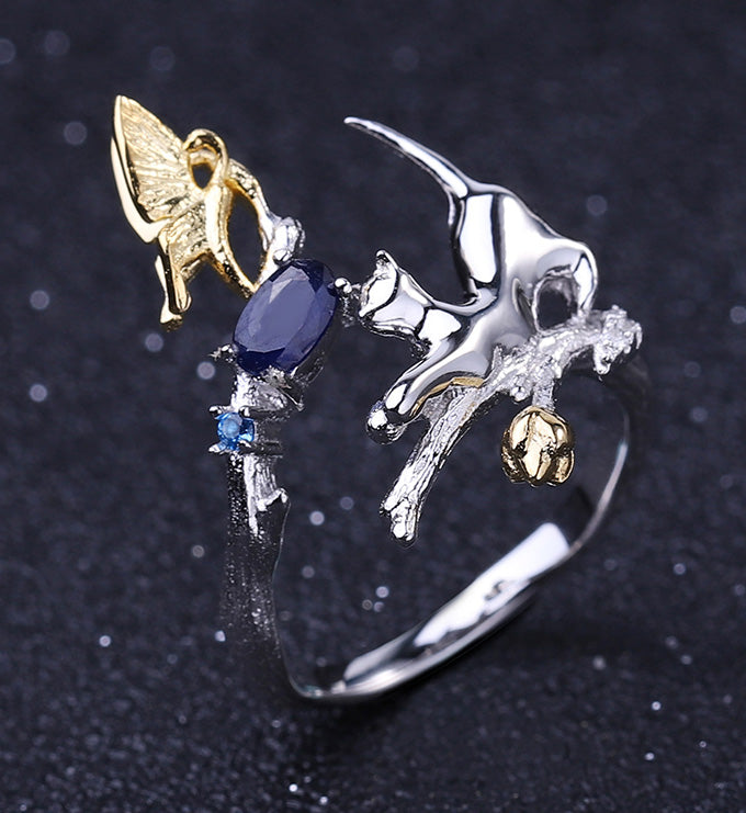 Animal cat ring-Natural-Blue Topaz- Sapphire