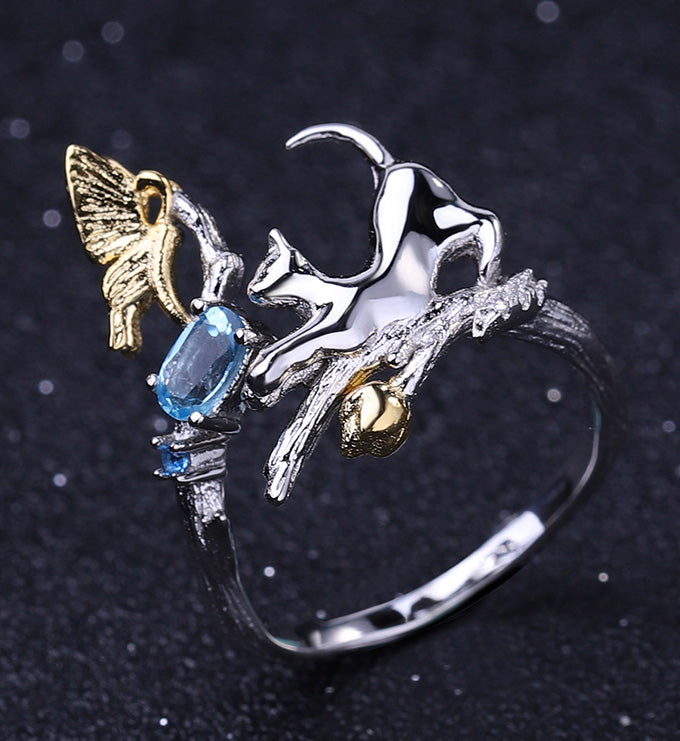 Animal cat ring-Natural-Blue Topaz- Sapphire