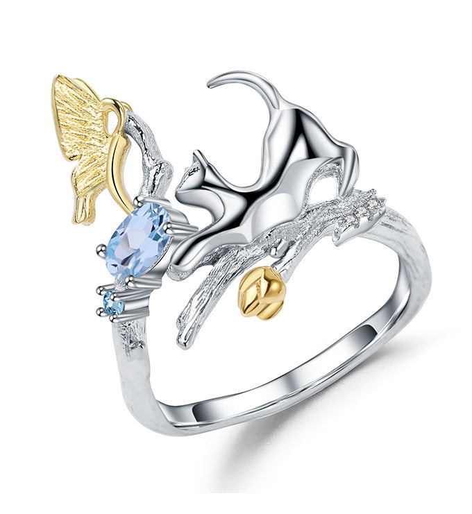 Animal cat ring-Natural-Blue Topaz- Sapphire