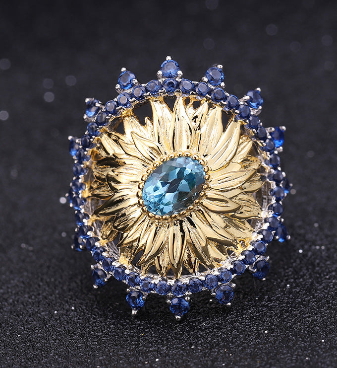 Sunflower Ring-Natural Peridot-Garnet-Blue Topaz