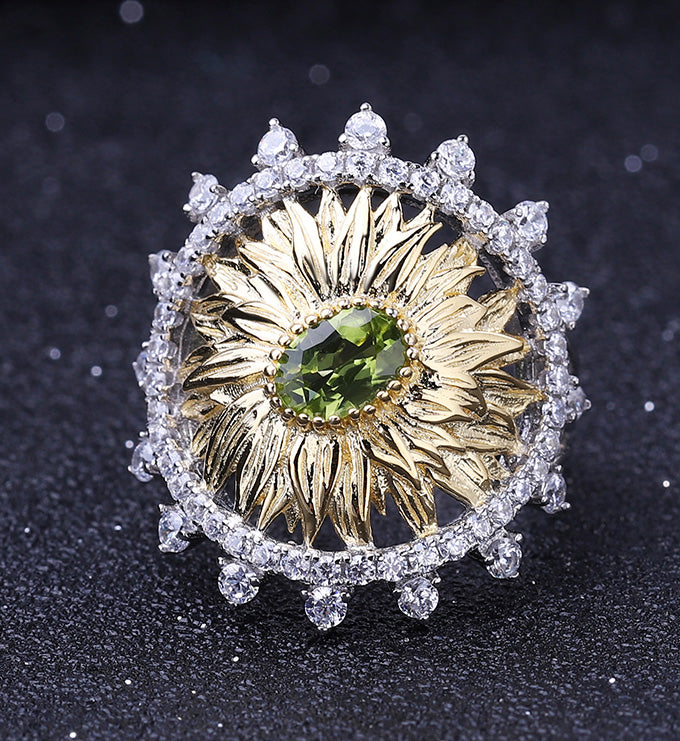 Sunflower Ring-Natural Peridot-Garnet-Blue Topaz