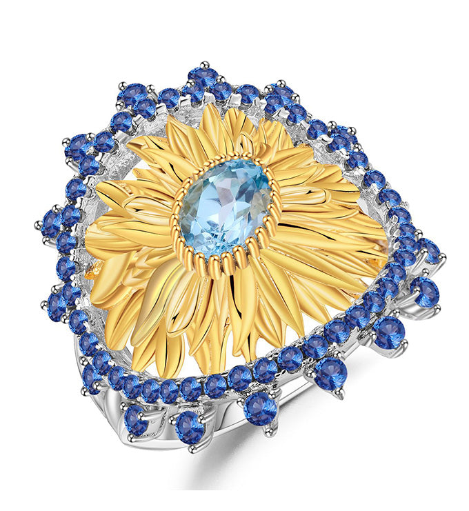 Sunflower Ring-Natural Peridot-Garnet-Blue Topaz