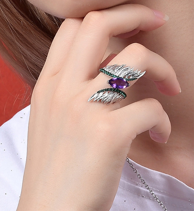 Wing Ring-Natural Amethyst-Green Agate