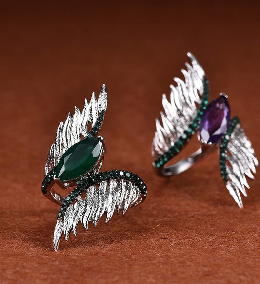 Wing Ring-Natural Amethyst-Green Agate