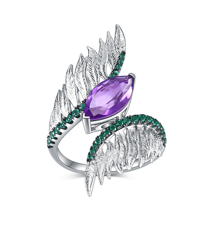 Wing Ring-Natural Amethyst-Green Agate