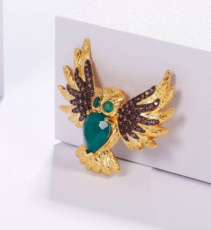 Owl brooch-Natural Red Garnet-Smoky Quartz- Green Agate