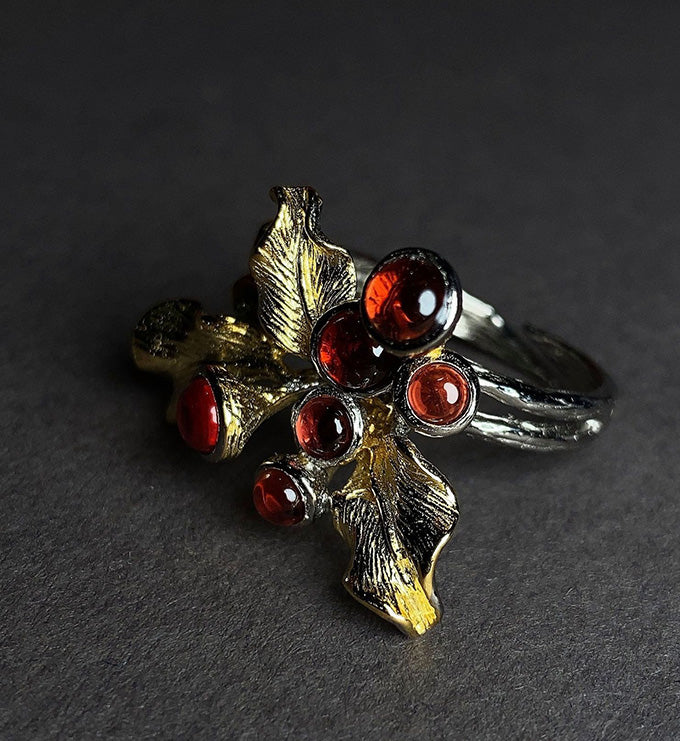 Plant flower ring-Natural Red Garnet