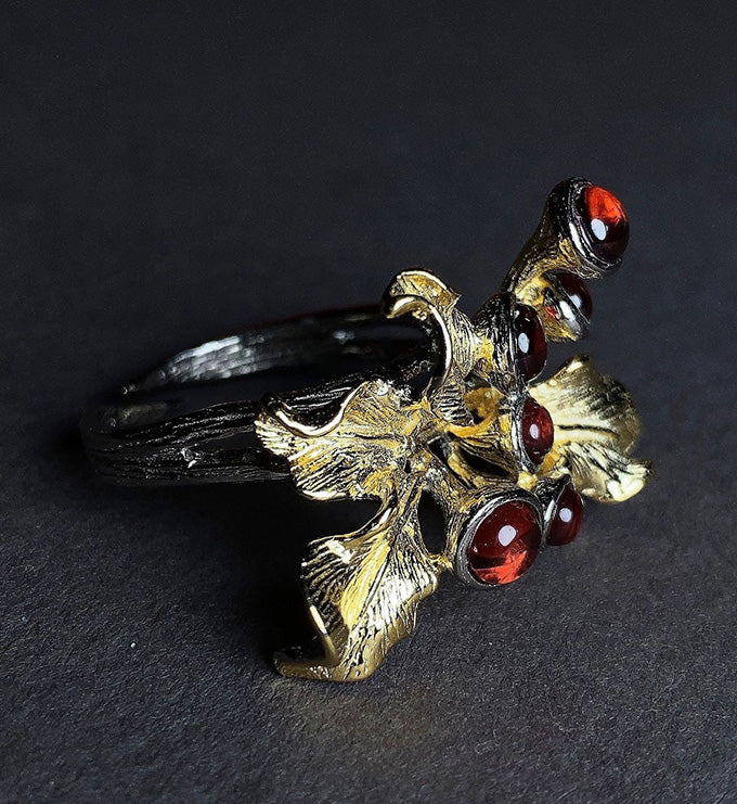 Plant flower ring-Natural Red Garnet