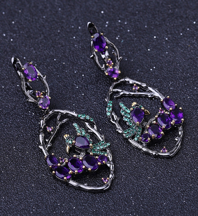 Bird earring-Natural Amethyst-Blue Topaz