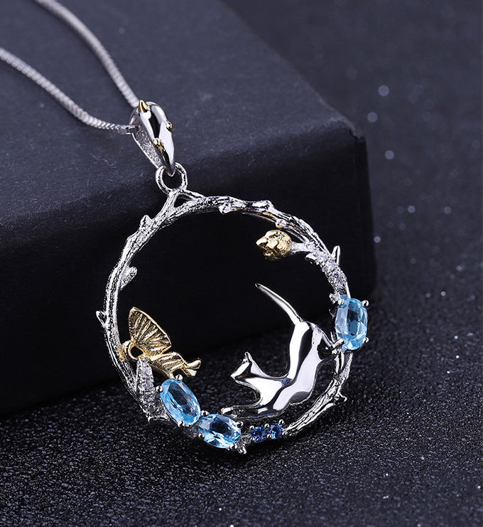 Animal Cat Pendant Necklace-Natural Blue Topaz-Sapphire